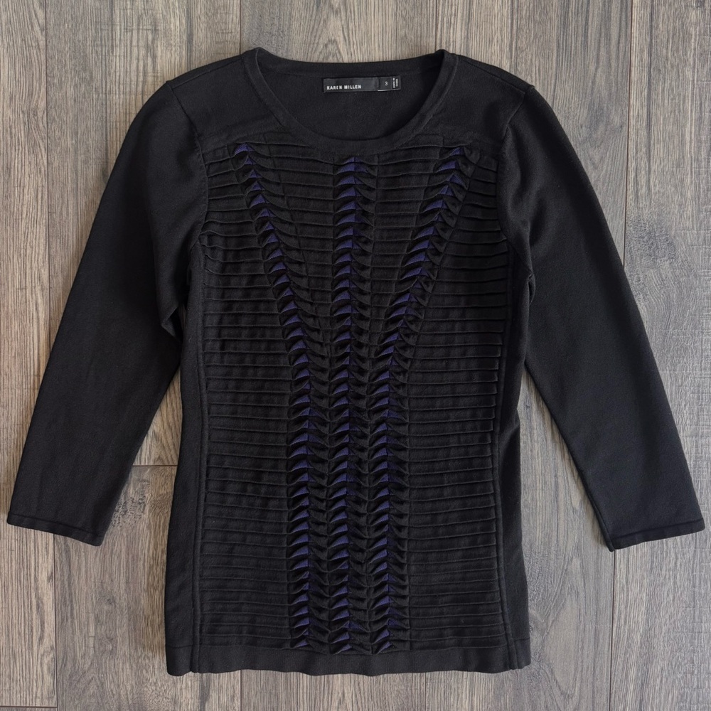 Karen Millen Woman’s Ribbed Knit Long Sleeve Top Black Round Neck Size 3